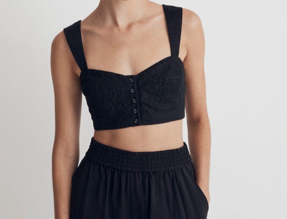 NEW Madewell 100% Linen Cotton Sweetheart Bralette Crop Top Black Size 12 Resort